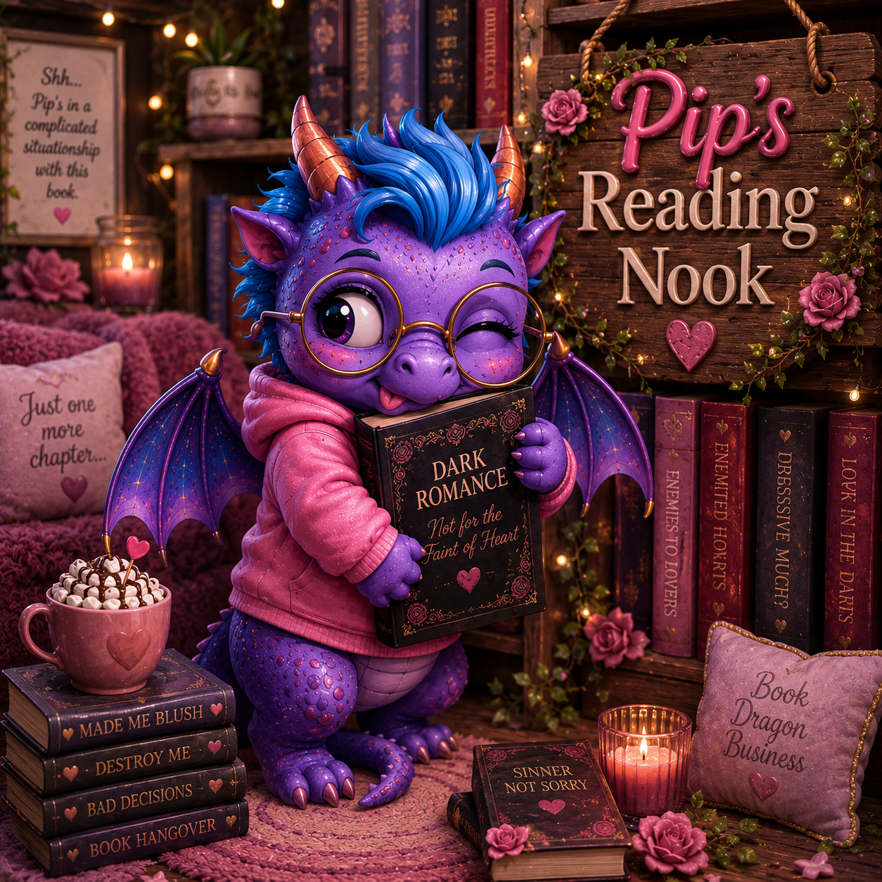 Pip hiding a dark romance book in his reading nook
