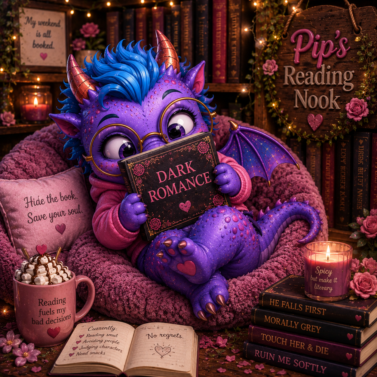 Pip posing mischievously with a dark romance book