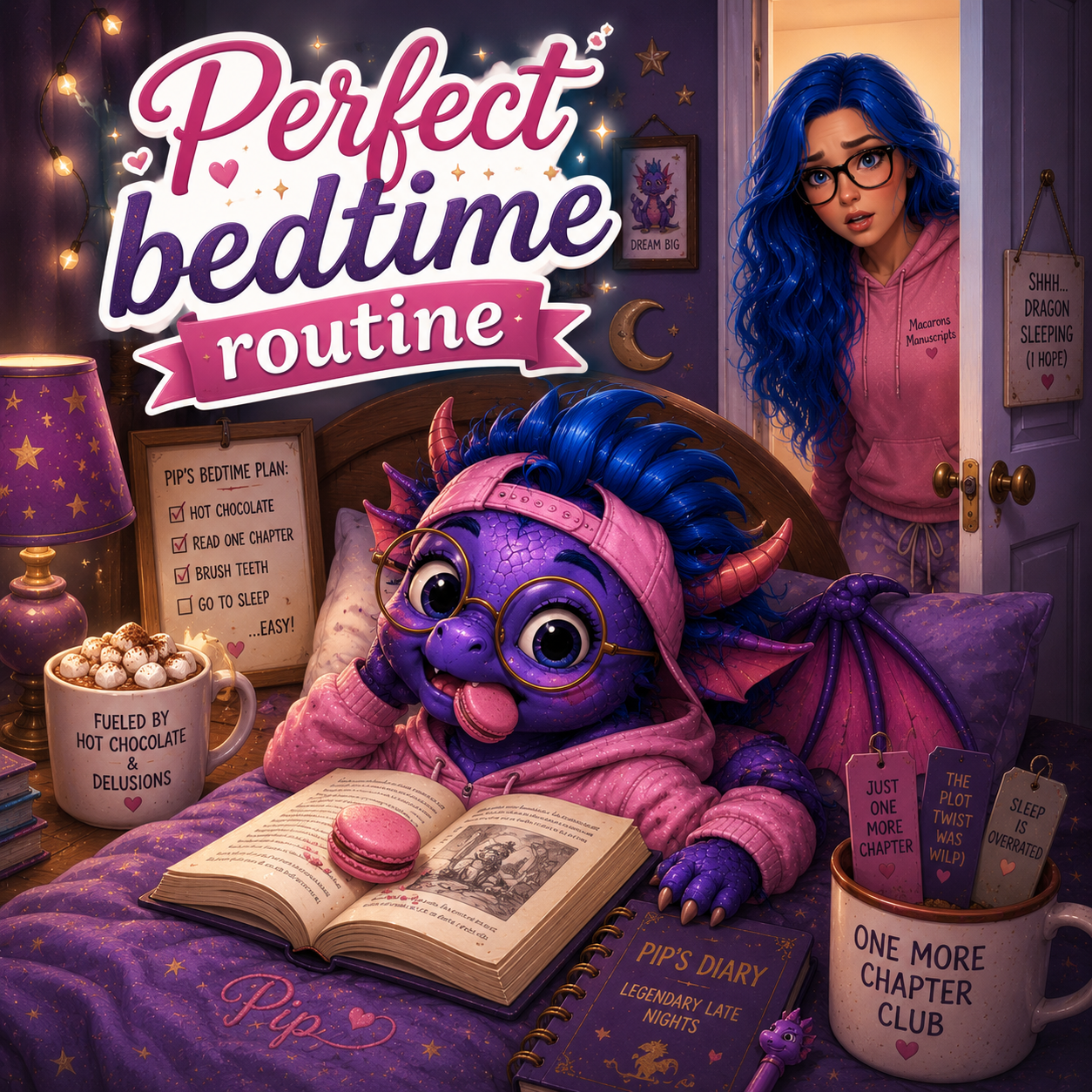 Pip reading in bed while Maria checks on his perfect bedtime routine