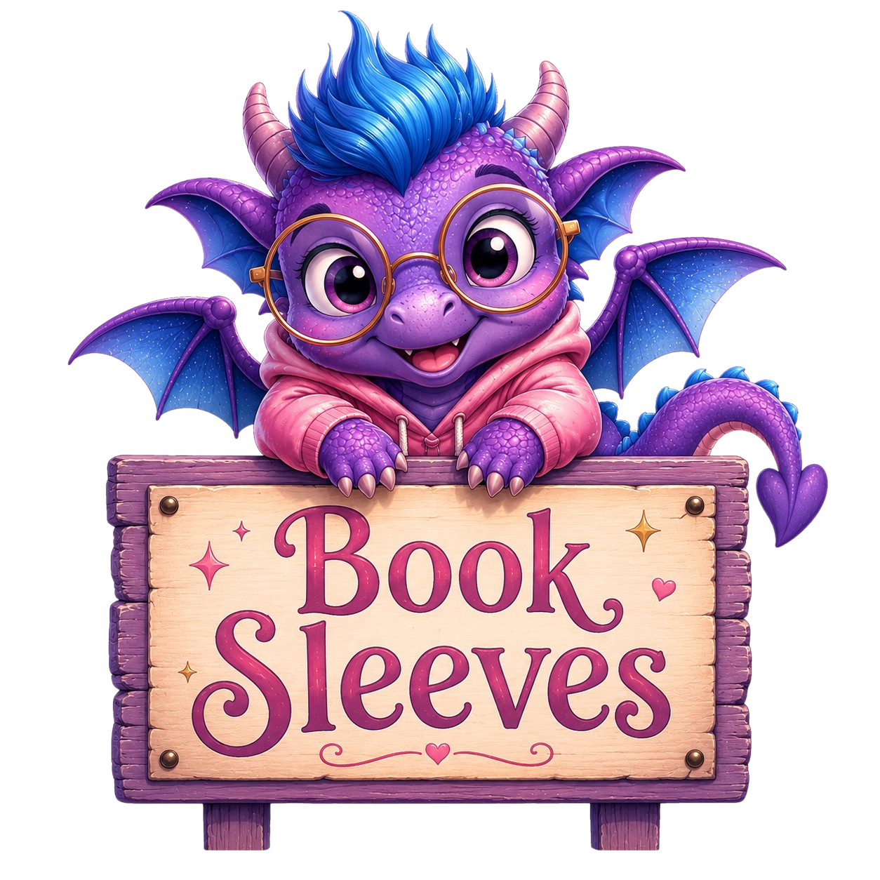 Pip sitting on a sign saying Book Sleeves