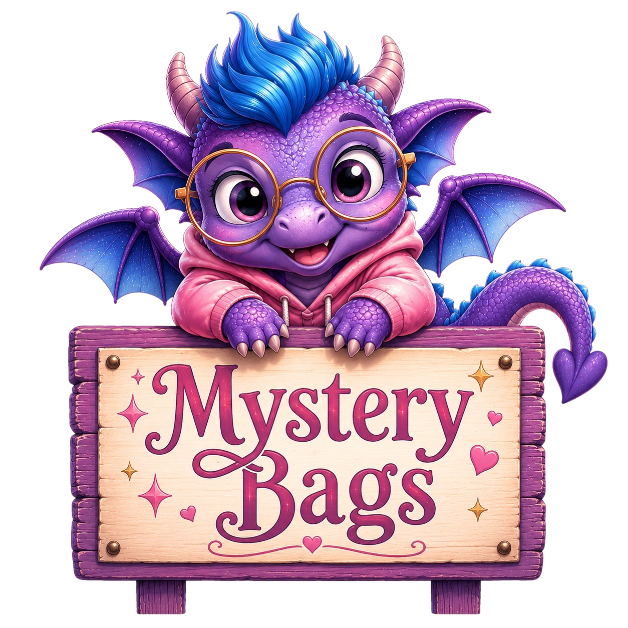 Pip sitting on a sign saying Mystery Bags
