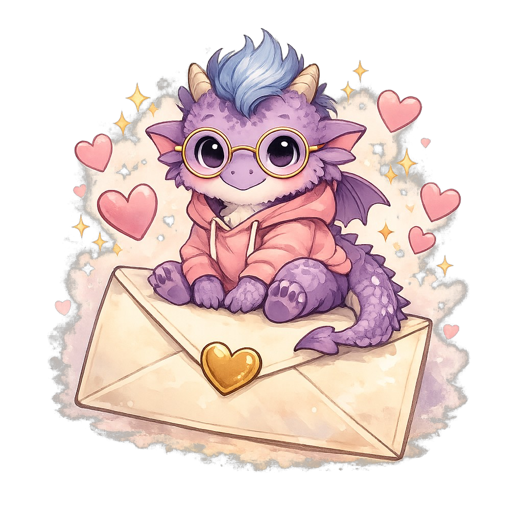 Pip the purple book dragon sitting on an envelope with pink hearts
