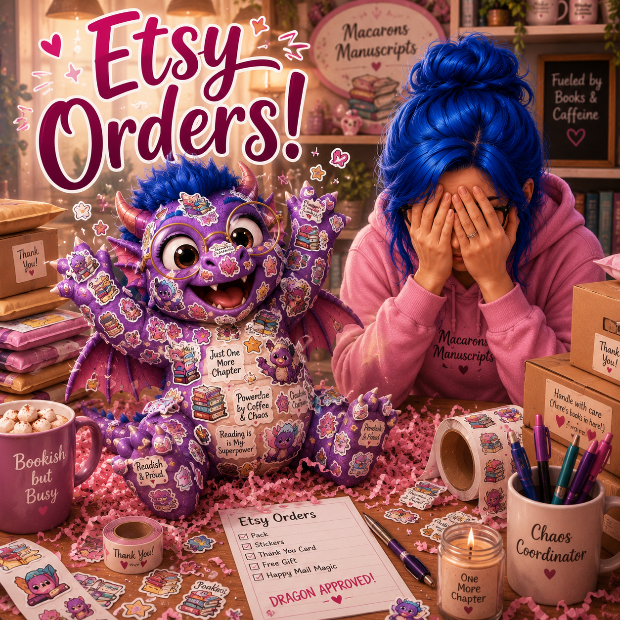 Pip covered in stickers while Maria hides her face during Etsy order packing