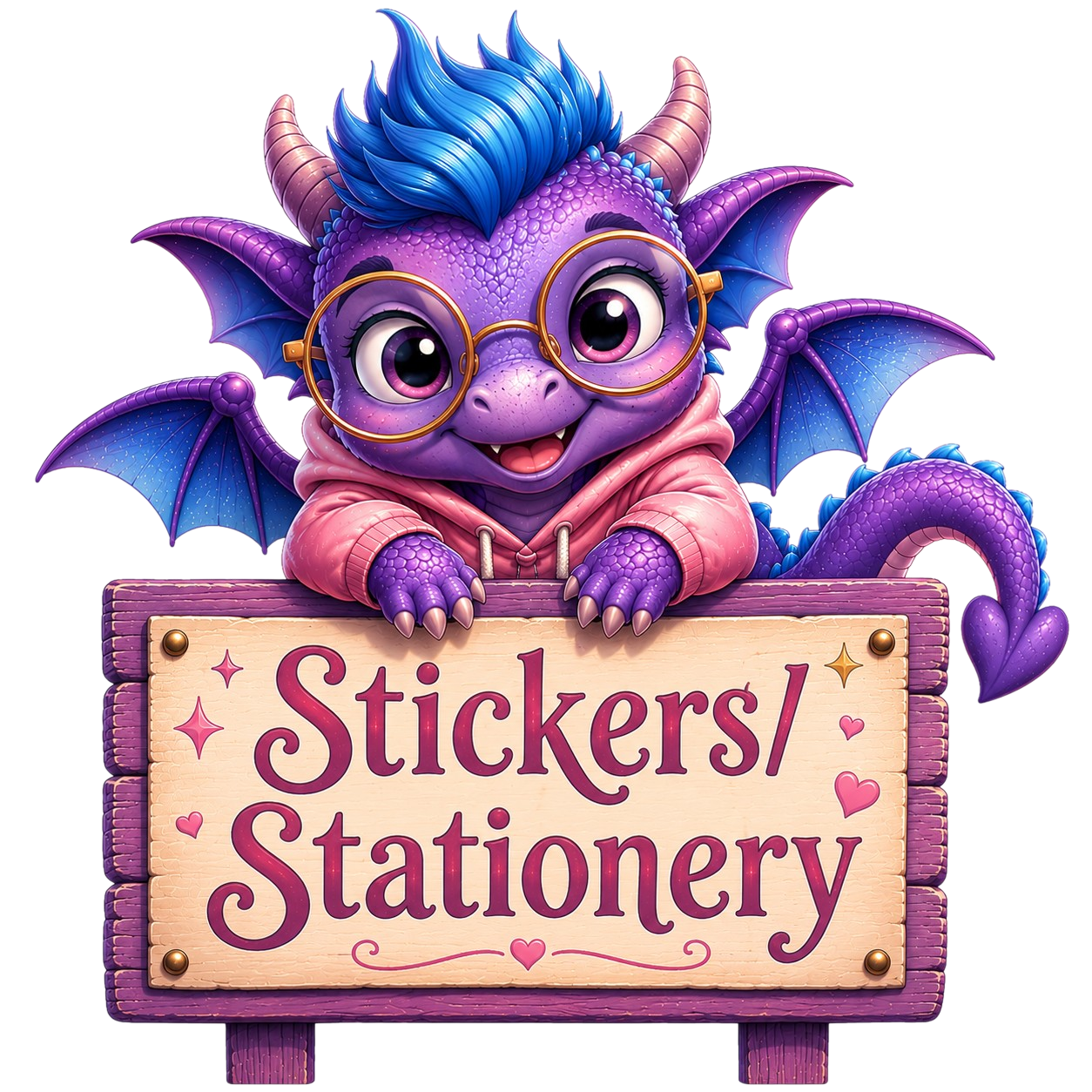 Pip sitting on a sign saying Stickers/Stationery